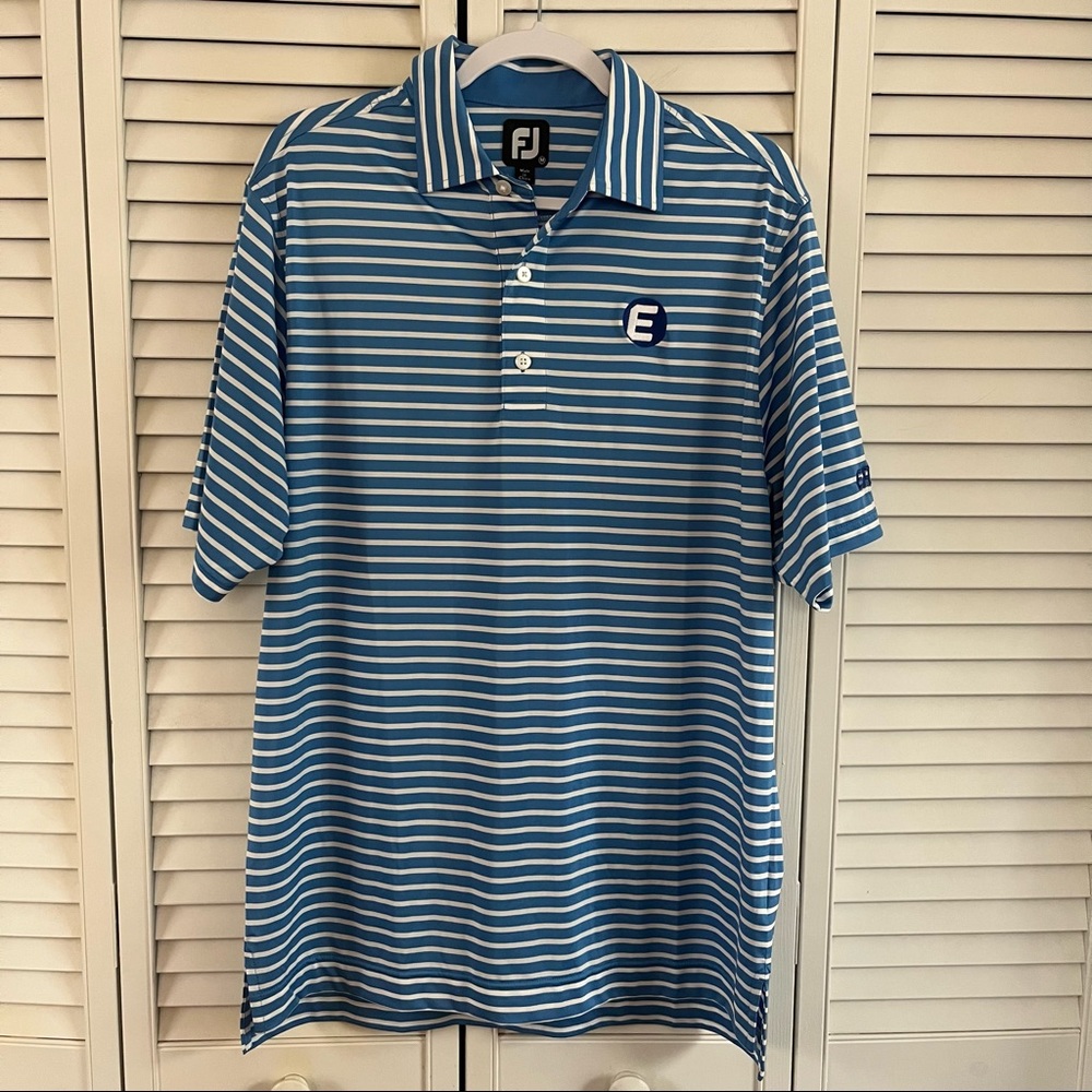 Footjoy Lisle Collar Stripe Golf Polo Medium Marine Blue White E Eastern Logo